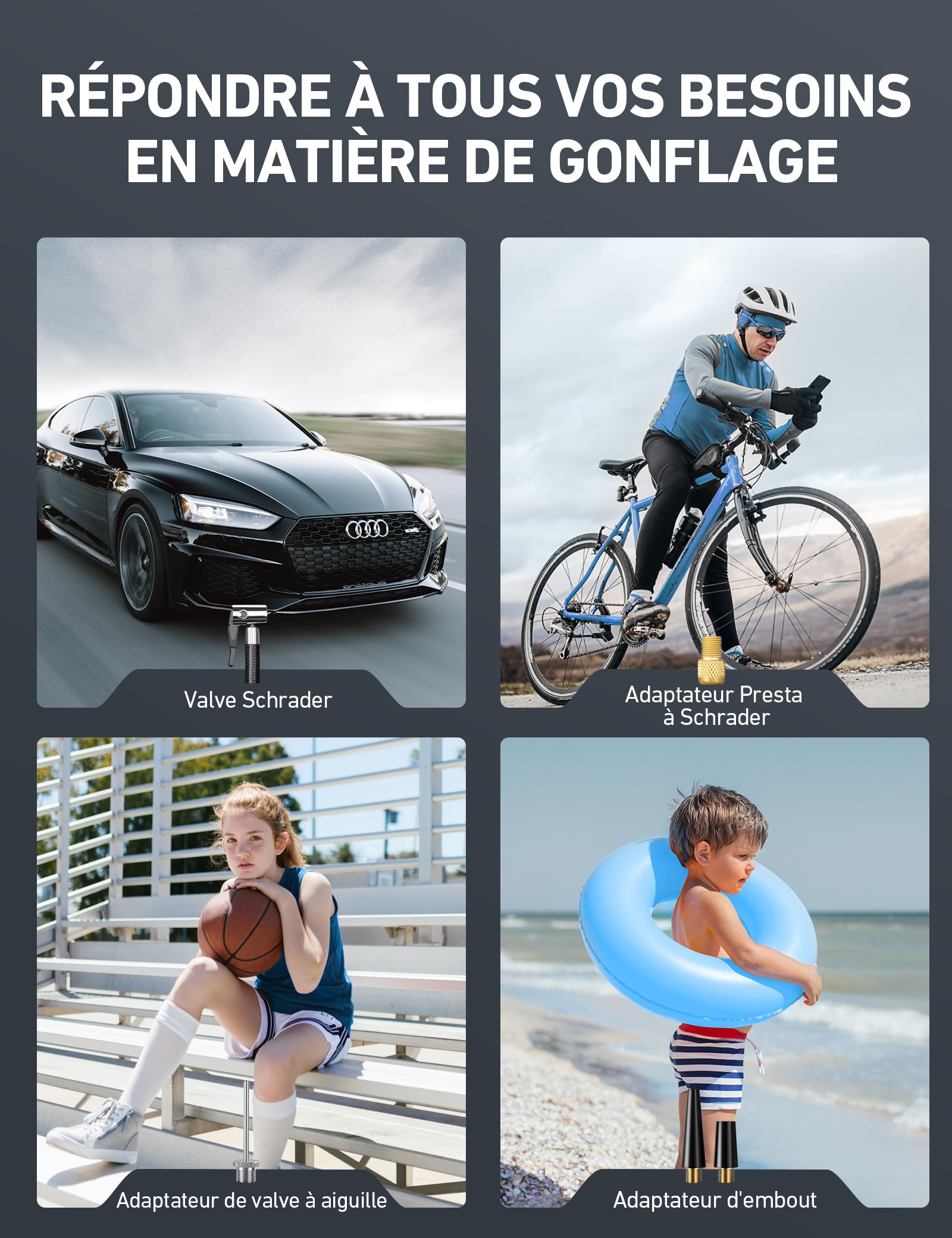 AstroAI Gonfleur Pneus Voiture Portable 12V DC 150 PSI, Compresseur à Air Portatif, Arrêt Automatique, Gonflage Rapide à 36 PSI en 1 Min, Lumière LED, Accessoires Polyvalents pour Vélos Ballons Bouées