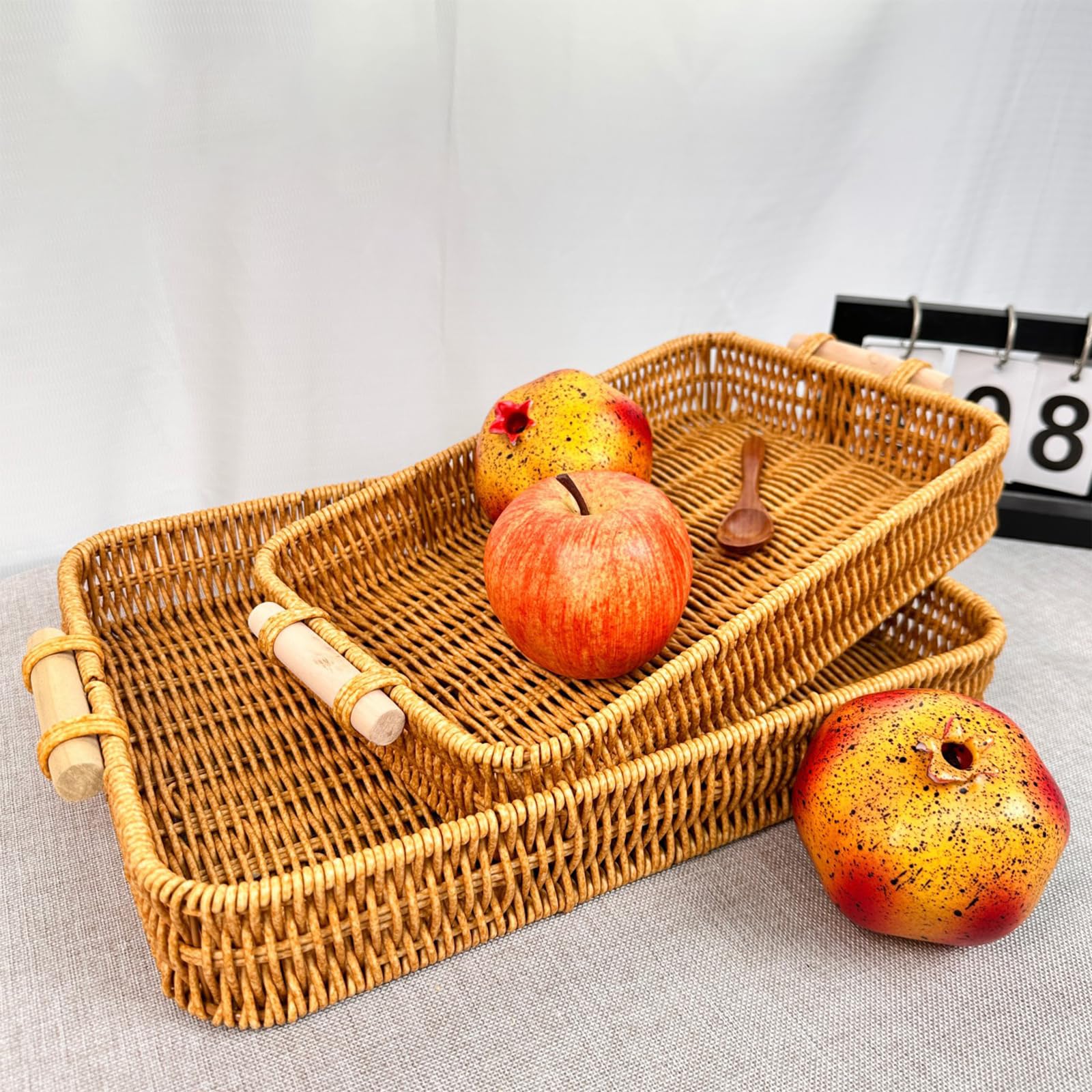 Wicker Basket Serving Tray with Handles Handwoven Rattan Storage Sofa Table Trays Decorative Organizer Tray for Eating Fruit Breakfast Food Coffee Bread Gift for Women, Set of 2 - Image 6