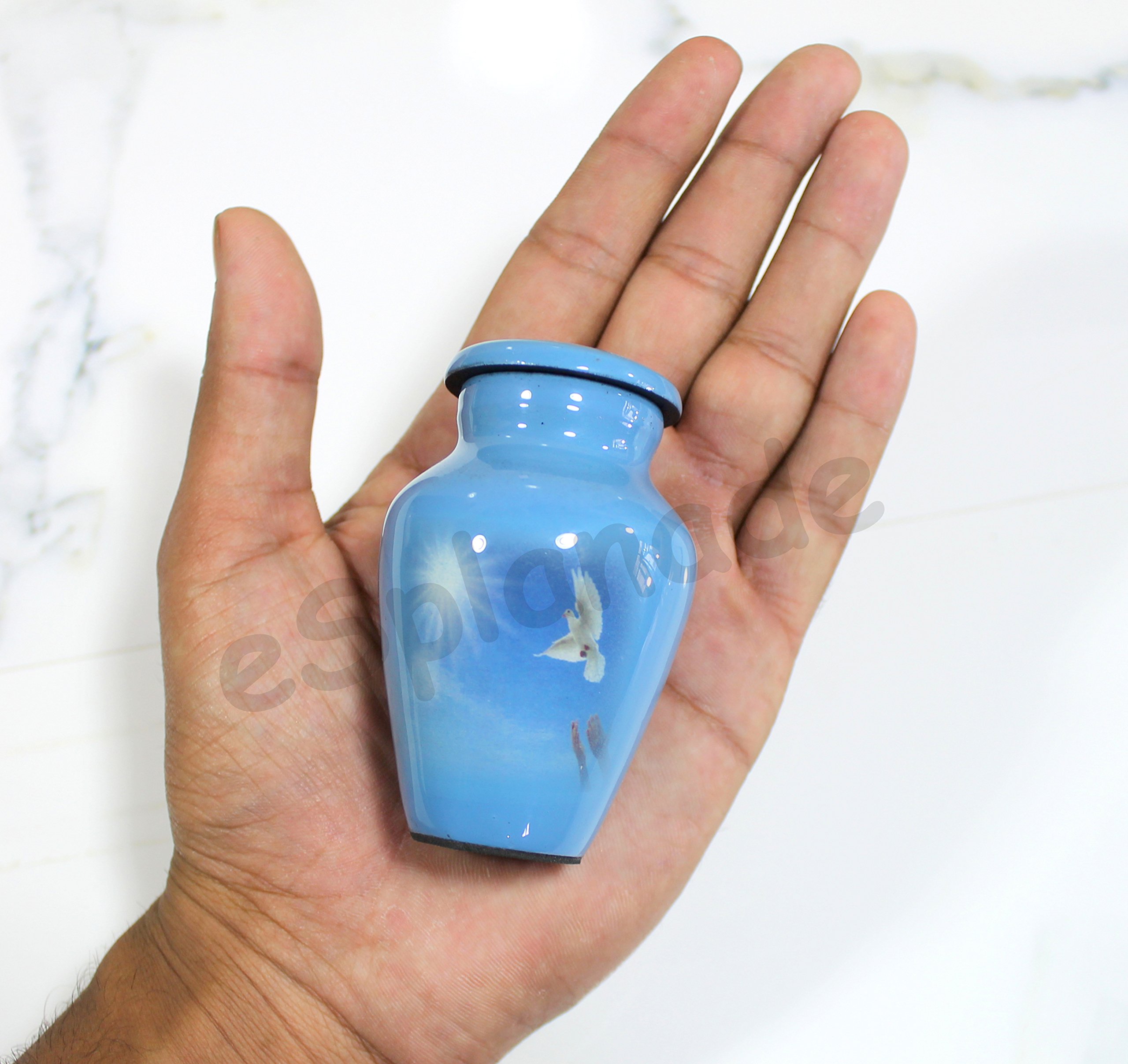 Esplanade Mini urna de cremación de metal, contenedor conmemorativo para recuerdo de cenizas funerarias, recuerdo impreso de paloma blanca, azul, 3 pulgadas