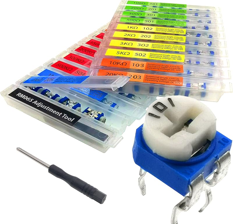 EEEEE 19 Values 152 pcs 100 Ohm- 2M Ohm Variable Resistor 6mm RM065 Potentiometer kit Assortment Kit Individual Compartment with Adjustment Tool
