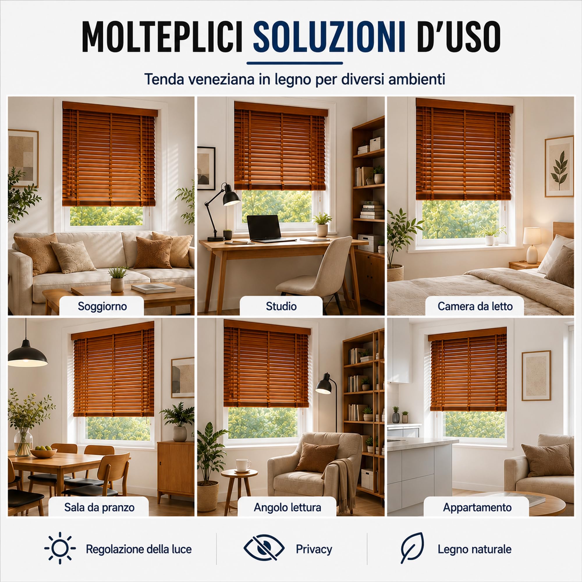 Tenda veneziana in legno su misura per finestra interna, legno di paulownia con lamelle da 50 mm, installazione con trapano, cordino, privacy e regolazione della luce M50115