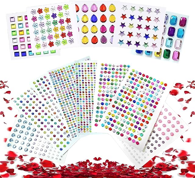 Rhinestone Stickers Self-Adhesive, 2000pcs Gem Stickers Jewels Stickers Rhinestone Crafts Bling Crystal Stickers Multicolored and Assorted Shapes Gems Stickers for DIY Craft Nail Body Makeup