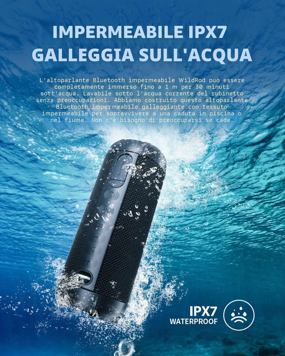 MIFA WildRod Casse Bluetooth 5.3 IP67 Impermeabile e Antipolvere, Potenza di Riproduzione 30 W, Batteria da 12 ore, Ricarica USB-C e supporto Micro-SD, luce LED RGB, Nero