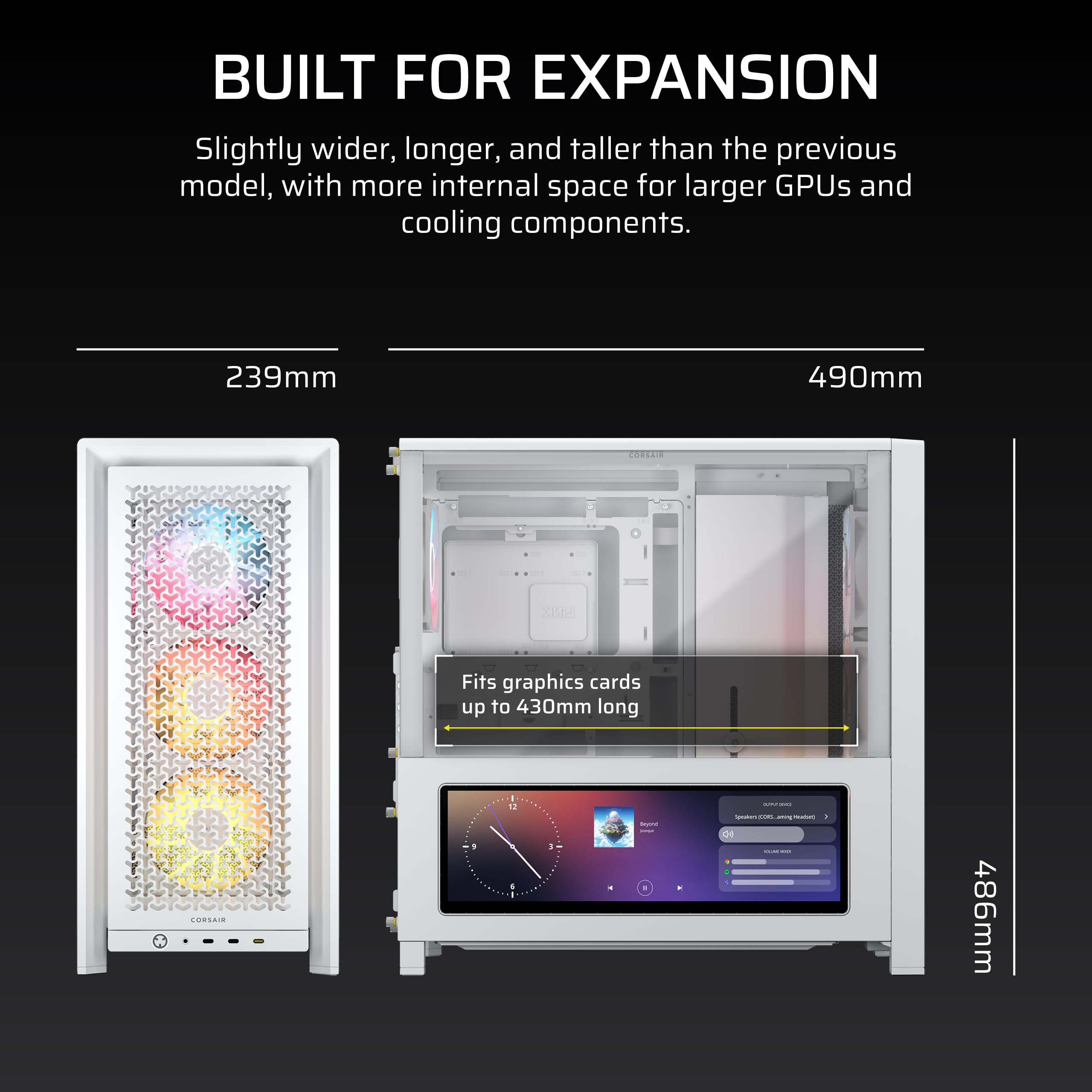 CORSAIR FRAME 4000D LCD RS ARGB Modułowa obudowa Mid-Tower ATX PC - ekran dotykowy LCD XENEON EDGE, system montażu wentylatora InfiniRail, 4 x wentylatory RS120 ARGB PWM, obsługa tylnej płyty głównej