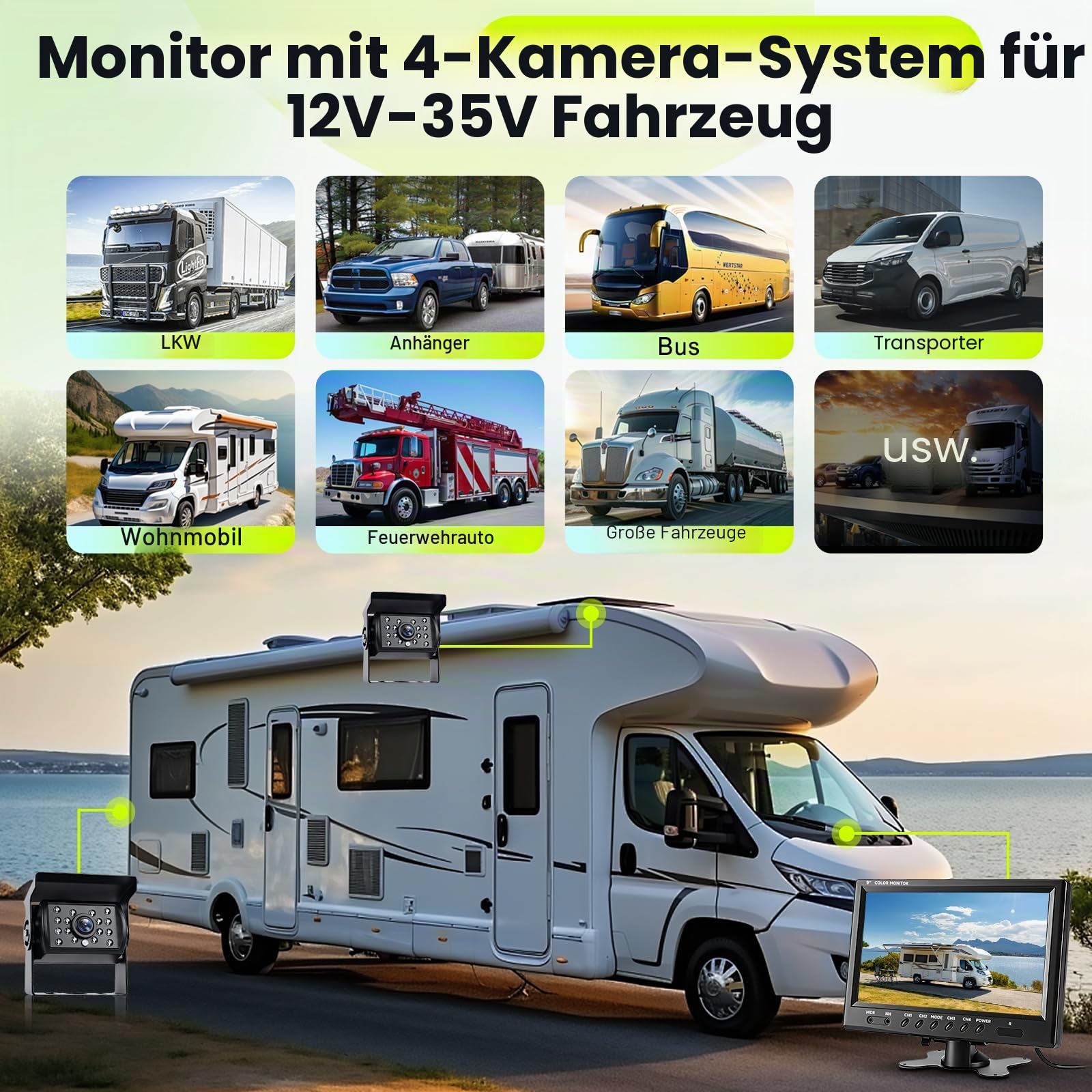 Podofo Vans RV Rückfahrkamera Set, 9 Zoll Monitor 4 Kameras, 4-Geteiltes Display 4-Kanal Video, IP68 wasserdichte Nachtsichtkameras, Frontview Kameras, 12V-24V für LKWs Camping Autos