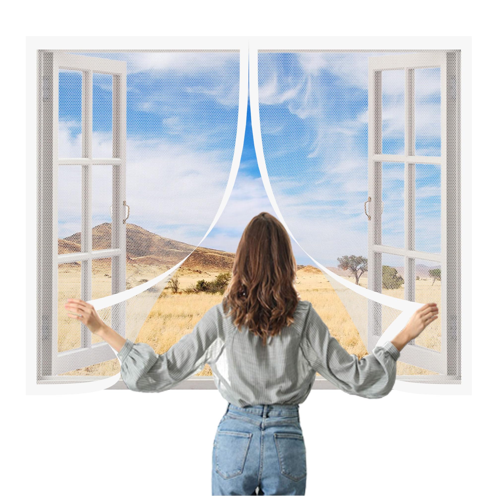 Window Fly Screen 115 x 135 cm with Selfadhesive Window Mesh Insect Screen for Windows Easy Install for Windows Doors and Patio Screens, White