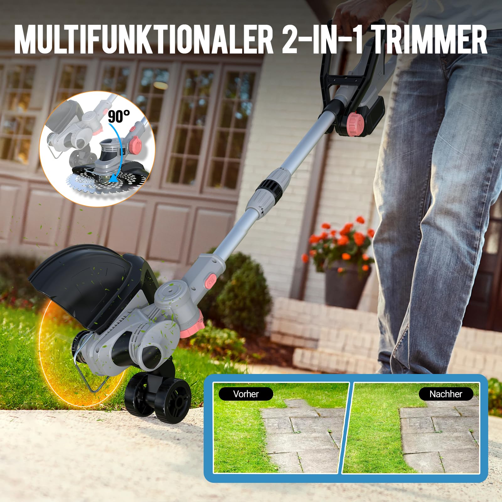 Desbrozadora con batería y cargador, 21 V, desbrozadora para batería Makita, incluye 2 baterías de 4,0 Ah, desbrozadora con cepillo para malas hierbas, cabezal giratorio 90°, para jardín (gris)