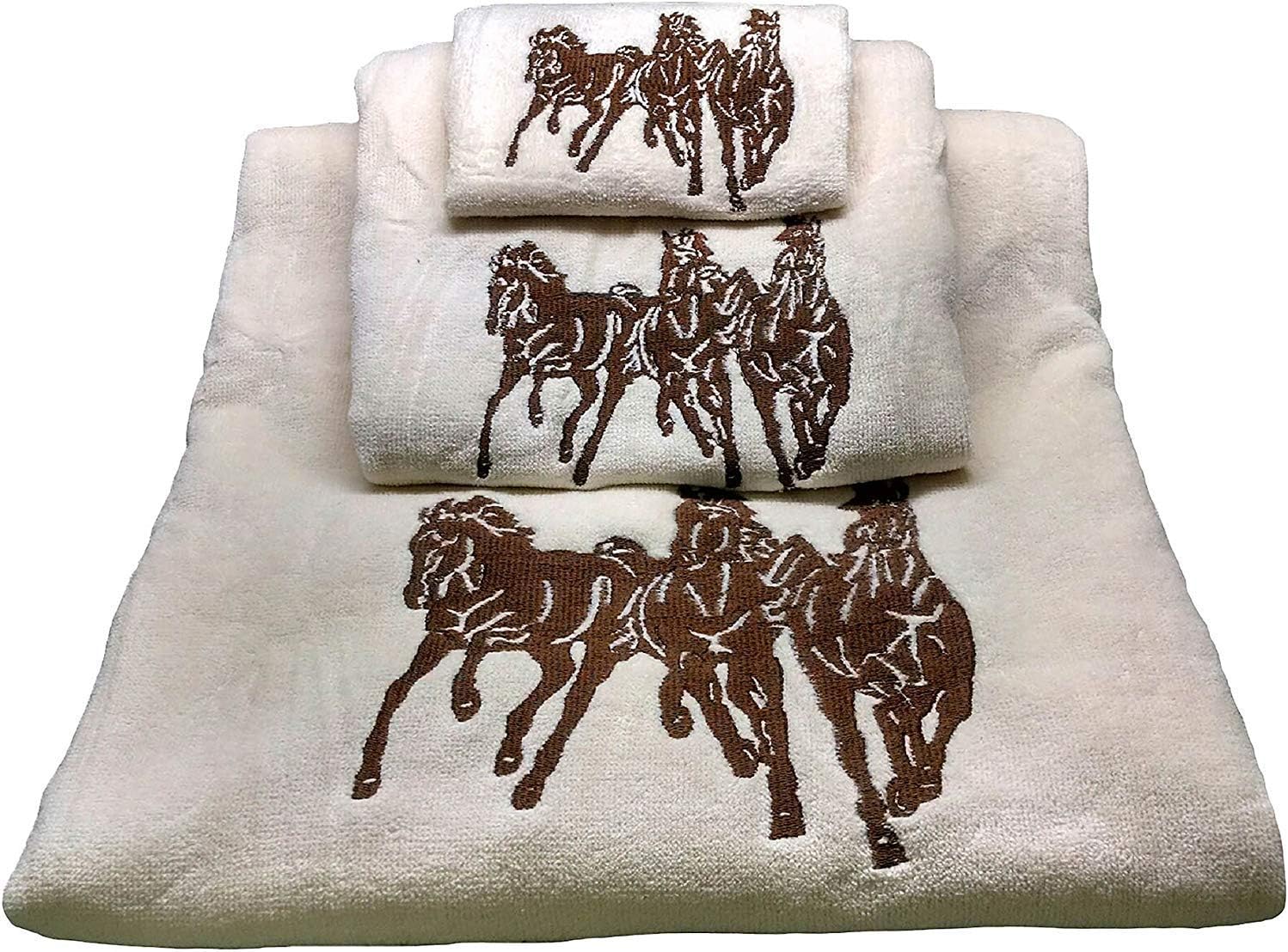 Paseo Road Western Horse 3 Piece Rustic Bathroom Towel Set, Cream Southwestern Towels with Embroidery, Lodge Bath Towel, Hand Towel and Finger Towel
