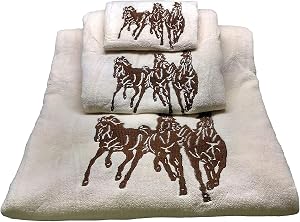 Paseo Road Western Horse 3 Piece Rustic Bathroom Towel Set Cream Southwestern Towels with Embroidery Lodge Bath Towel