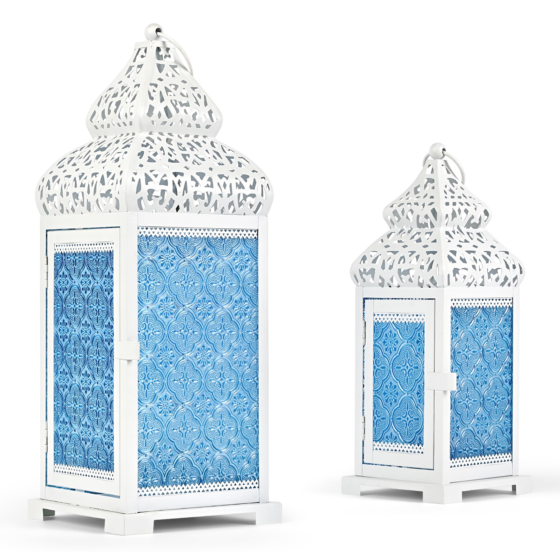 CVHOMEDECO. Decorative Candle Lantern Moroccan Lanterns Rustic White Metal Lantern Holder for Home Patio Outdoor Decor. Blue Glass, Set of 2