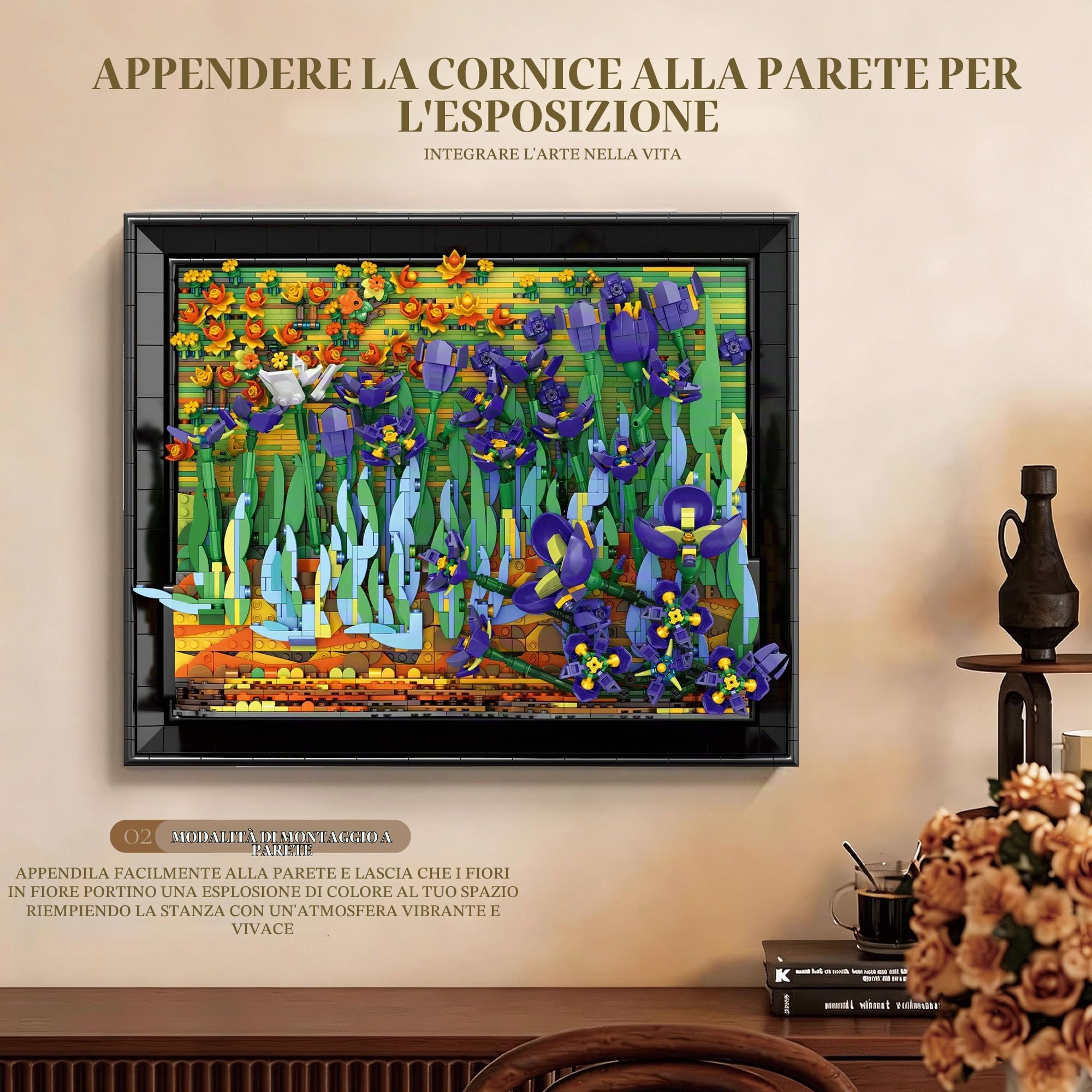 Mavo brix Set da Costruzione Wall Art Artistico Iris per Adulti, Quadro Floreale 3D con Cornice Compatibile con Lego, Decorazione Botanica per Casa e Ufficio,14+, 3488 Pezzi