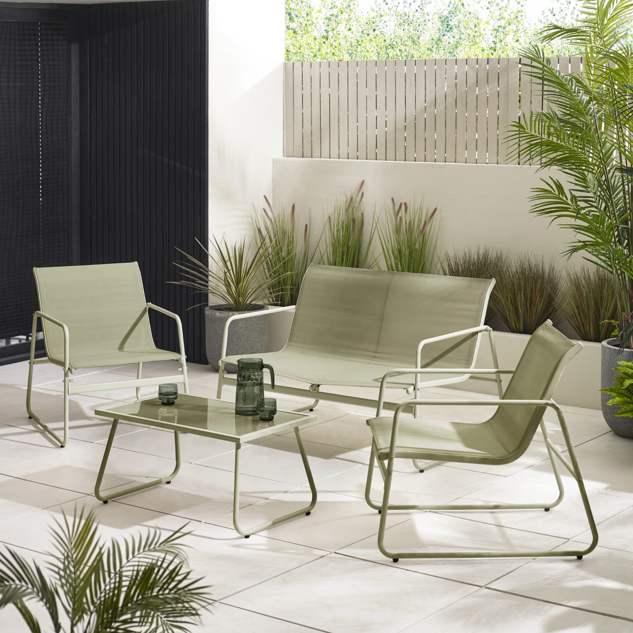 Furniturebox UK Outdoor Furniture, Naxos Green Outdoor Seating Set, 2 Garden Chairs, 2-Seat Garden Sofa & Glass-Topped Table For Any Patio, Deck or Conservatory — image 1