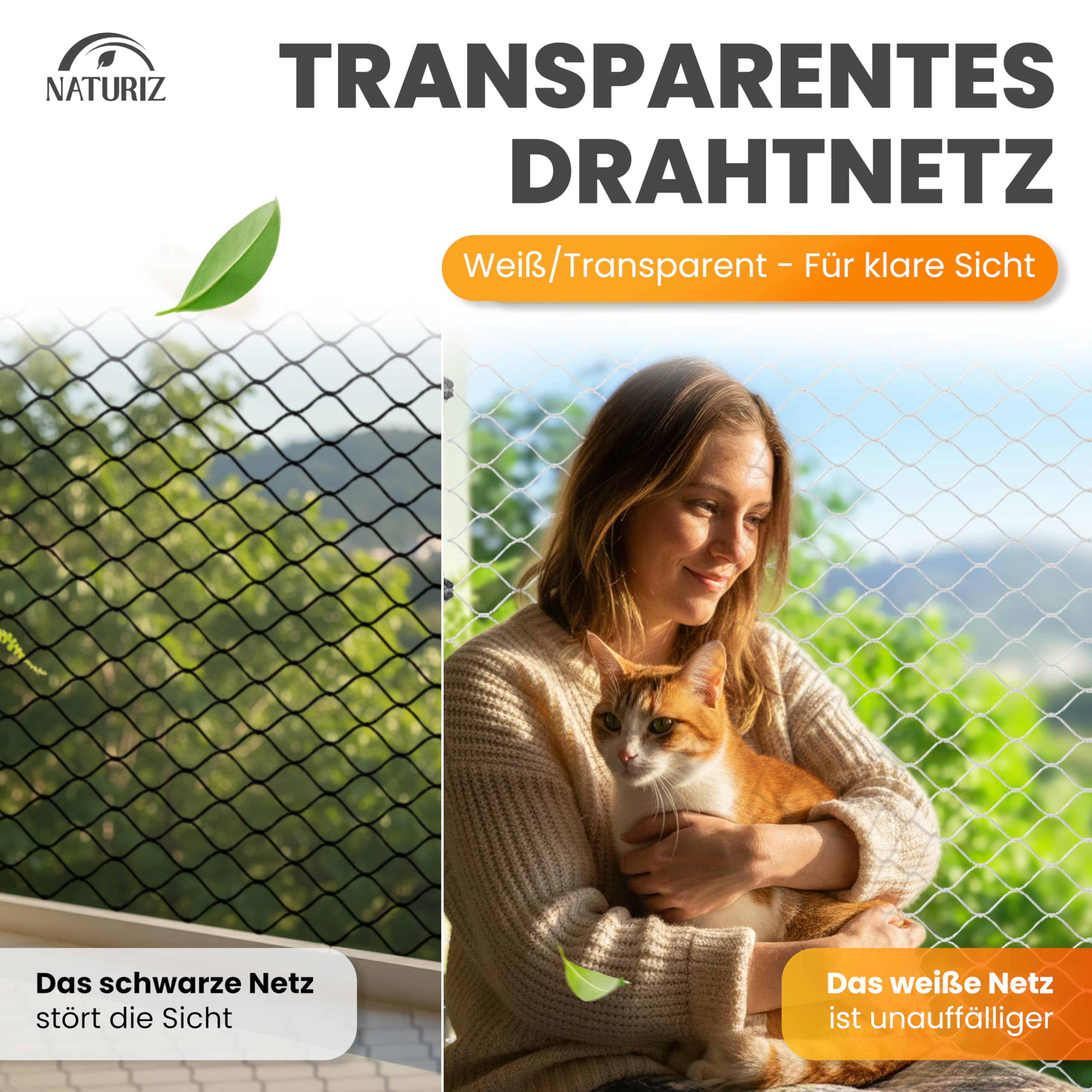 Naturiz® Katzennetz für Balkon ohne Bohren 3x4m - Katzennetz drahtverstärkt transparent/weiß, Katzengitter inkl. Klebehaken – Katzenschutznetz für Balkon & Fenster, Balkonnetz für Katzen (3x4m)