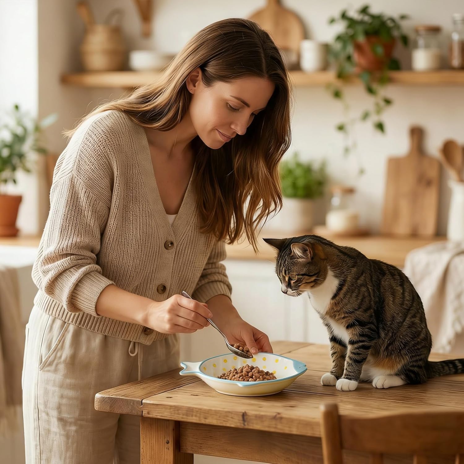 Ceramic Cat Food Bowl Set, Cute Fish, Shallow Wide Flat, Whisker Fatigue Cat Dishes for Food, Kitten Food Bowl, for Small Flat Pet Kitten Feeding Plates for Wet/Dry Food (2 Pcs Polka Dot Cat Bowls)