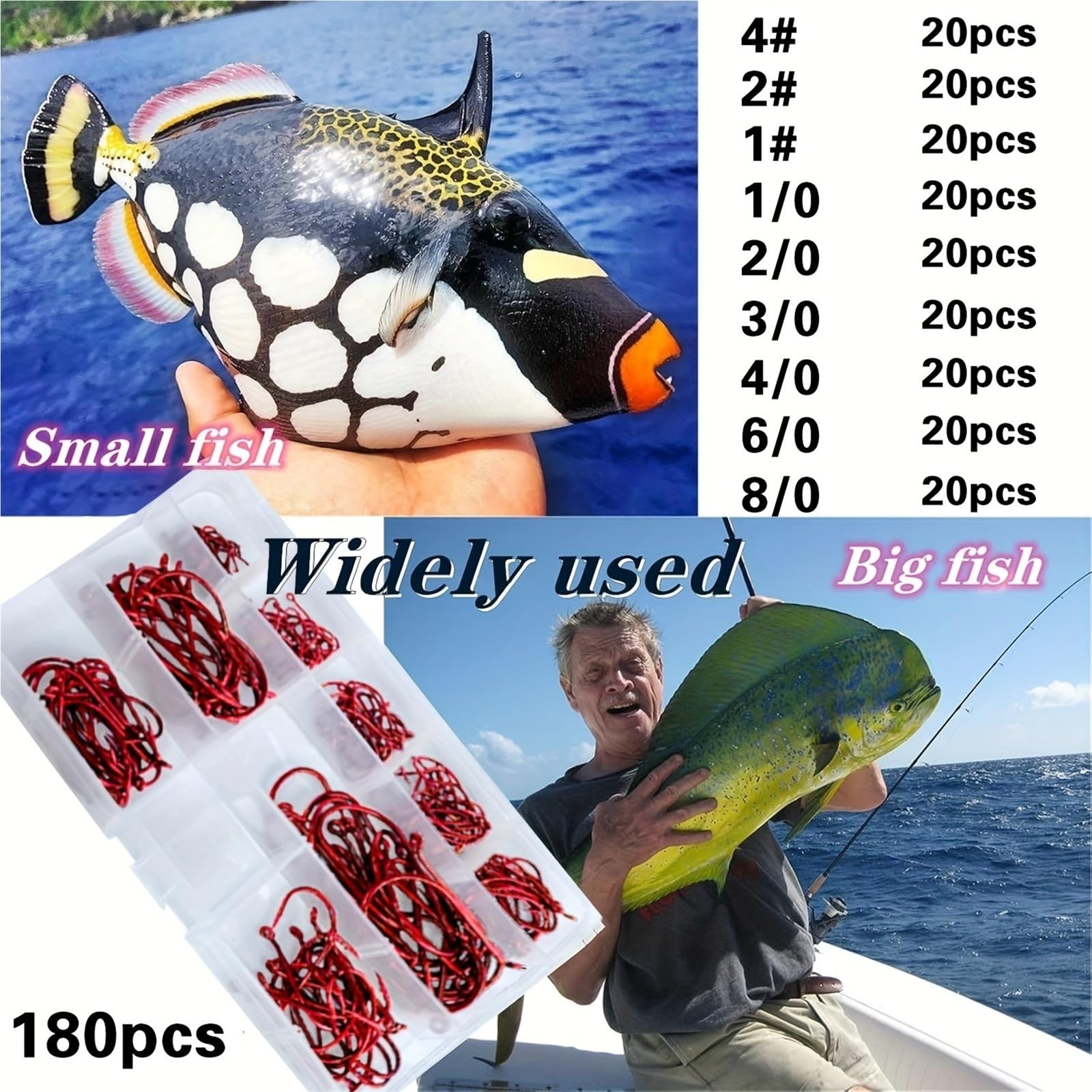 Anzuelos de Pesca 180 Juegos de Cajas anzuelos Pesca Pulpo Rojo, con 9 Modelos Diferentes, Cada Modelo Contiene 20