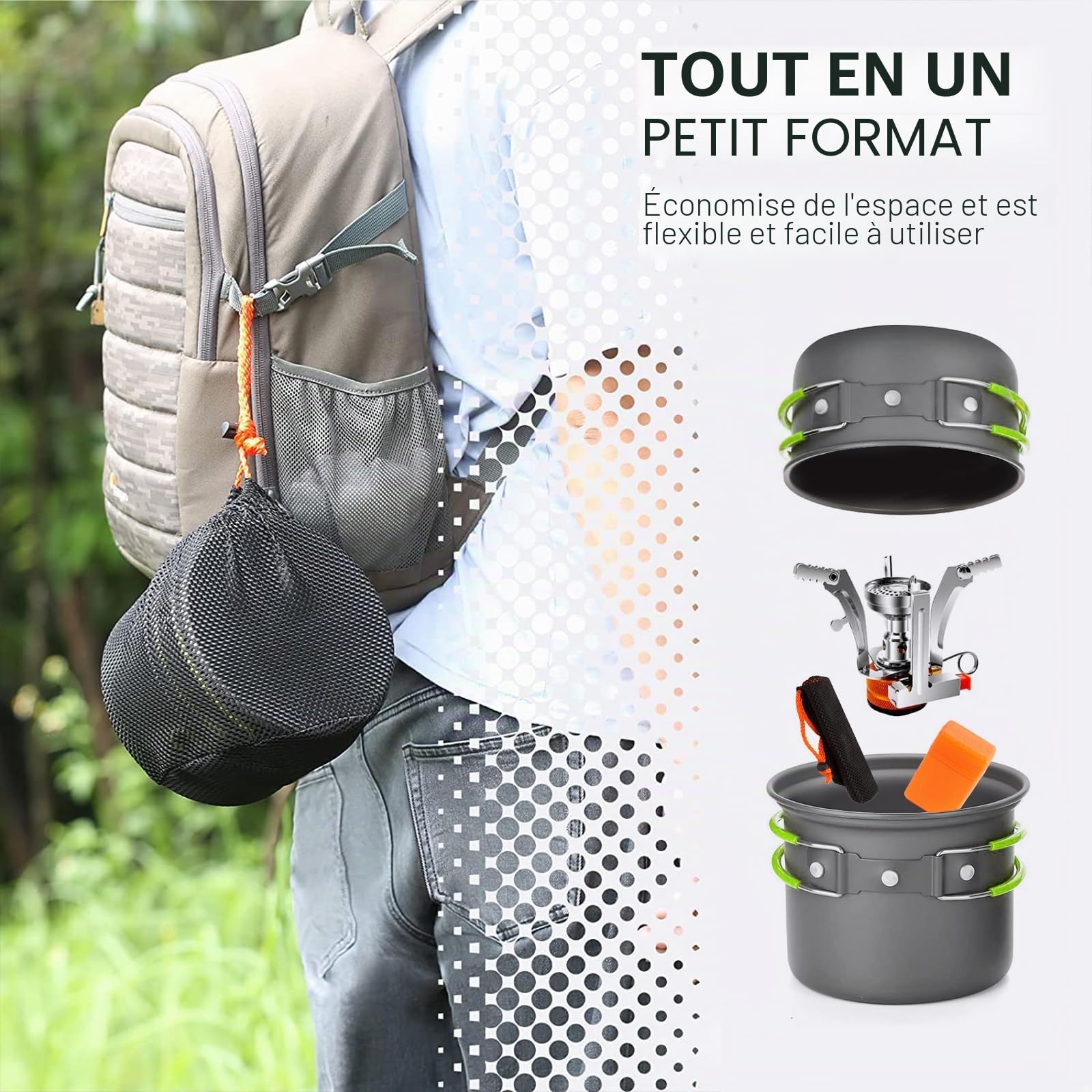 Réchaud de Camping et Casserole - Cuisinière Portable de randonnée avec brûleur à gaz Propane et Butane pour Bouteille de gaz à allumage piezo