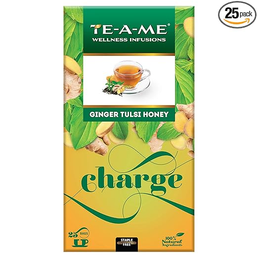 Ginger Tulsi Honey Herbal Tisane, 25 Tea Bags | Herbal Tea for Immunity, Stress Relief | 25 Dry Tulsi Leaves, Ginger, and Honey Herbal Tea Bags