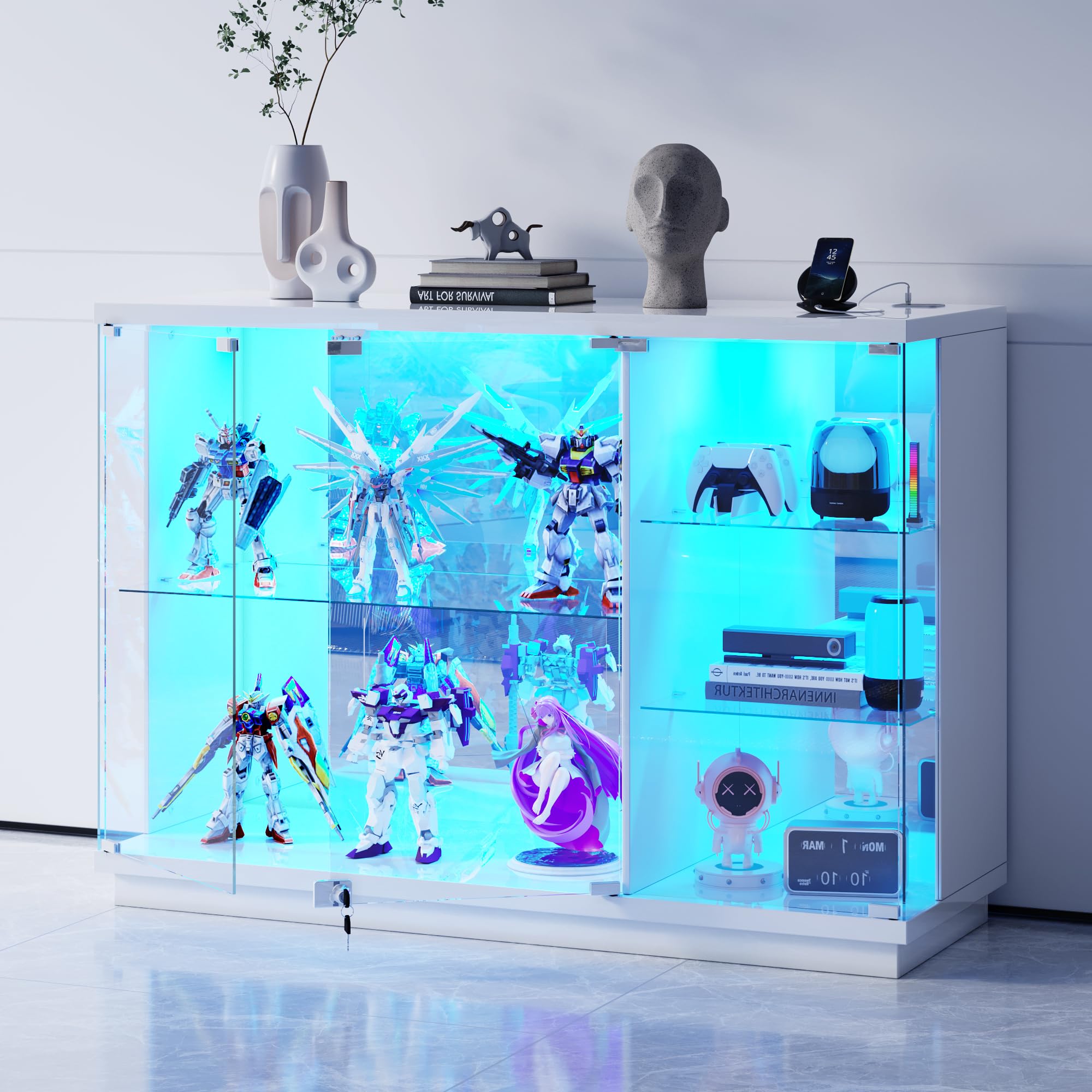 Lvifur Vitrina de cristal con iluminación LED y puertas de cristal, armario de vitrina de cristal, gabinete con sensor inteligente, vitrina de madera de 3 capas, resistente al polvo para salón