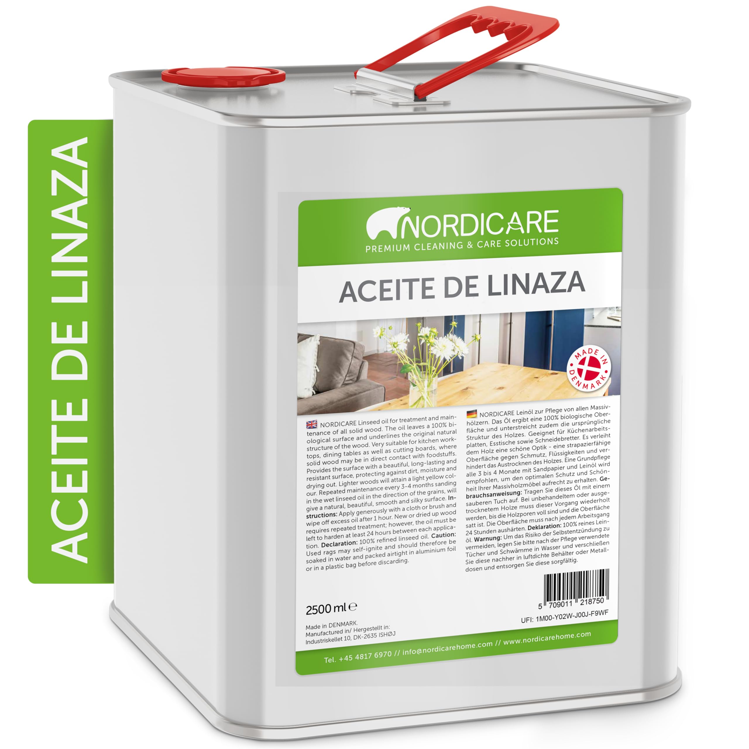 Nordicare Aceite de linaza [2,5L] para la protección de la madera I Barniz de aceite de linaza para el interior I Aceite cocido de linaza para muebles, aceite de madera, aceite de lino