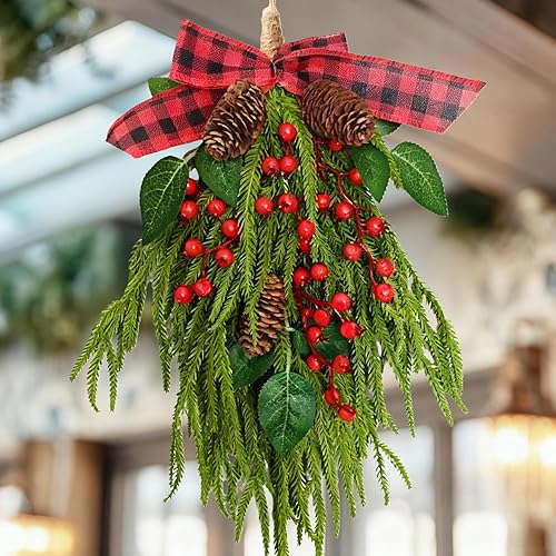 Large Christmas Teardrop Swag Mistletoe Pine Swag with Plaid Bow-17