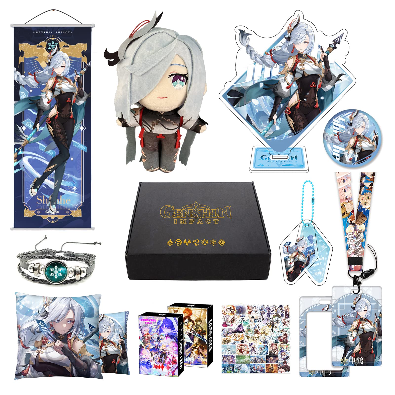Genshin Impact Box Merch Set - Plush Doll, Poster, Mouse Pad, Stand Figure, Bracelet, Badge, Keychain, Card Holder, 30 Lomo Cards, 50 Stickers (Shenhe)
