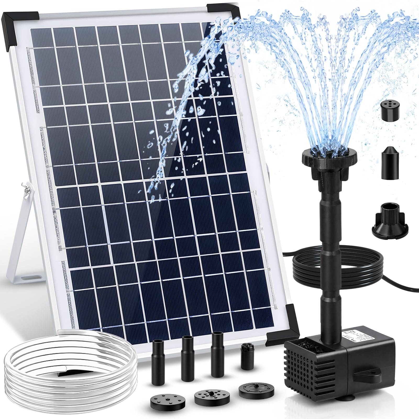 Photo 1 of FYDGTPI 12W Solar Fountain Pump for Water Feature Outdoor DIY, Solar Water Fountain 132 GPH with 9.84FT Power Cable, 6 Spray Nozzles, 3.28FT DIY Tubing for Garden, Pond, Bird Bath