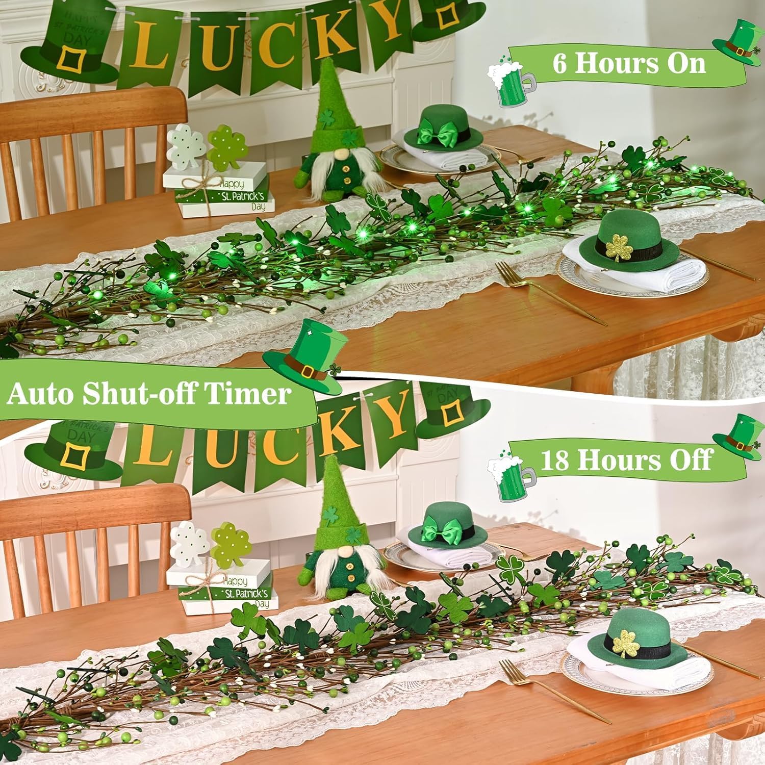 2 Pcs 6 Ft St Patrick's Day Garland with Light, Lighted Shamrock Garlands, Green Colored Wooden Shamrock and Berry Clover for St Patrick's Day Decor