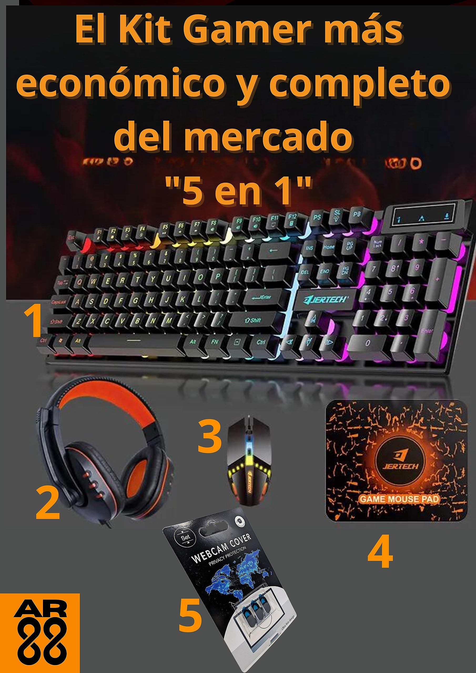 -Combo Gaming 5 in 1-Kit Completo per Giocatori-Include Tastiera meccanica retroilluminazione RGB-Mouse ergonomico ottico 4000 DPI-Cuffie audio stereo microfono-Copri webcam-Perfetto per principianti-