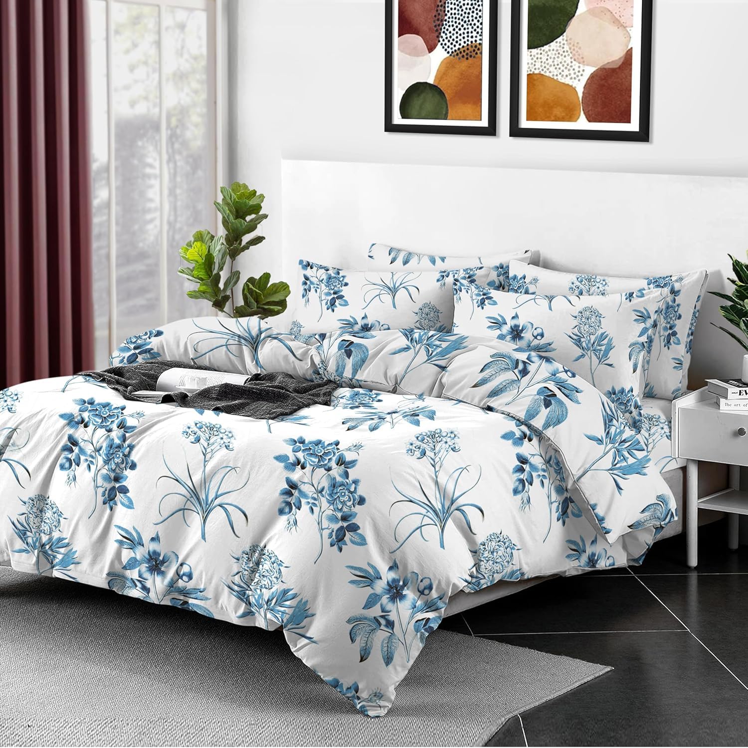 Duvet Cover Set 135x200cm 100% Egyptian Cotton 400 Thread Count Luxury Floral Printed Flower Design Breathable Soft Bedding Set 2 Piece with Pillowcase Machine Washable (Blue Floral, Super King)