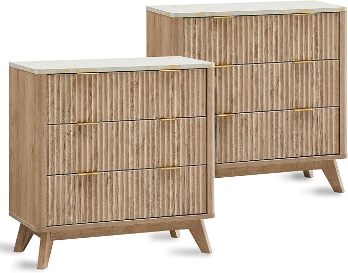 T4TREAM 32" Tall Fluted Nightstand Set of 2, Modern Side Table with Faux Marble Top, 3 Drawers End Table w/Storage, Bedside Table for Bedroom, Living Room, Curved Profile Design, Natural Oak