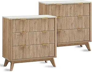 T4TREAM 32" Tall Fluted Nightstand Set of 2, Modern Side Table with Faux Marble Top, 3 Drawers End Table w/Storage, Bedside Table for Bedroom, Living Room, Curved Profile Design, Natural Oak