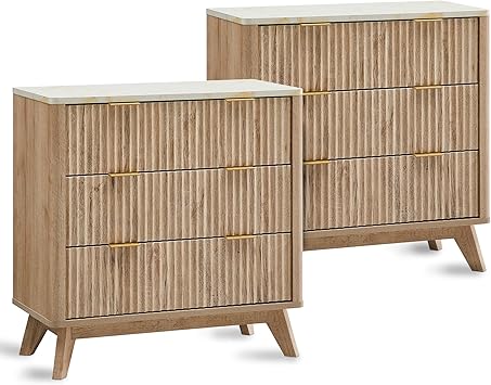 T4TREAM 32" Tall Fluted Nightstand Set of 2, Modern Side Table with Faux Marble Top, 3 Drawers End Table w/Storage, Bedside Table for Bedroom, Living Room, Curved Profile Design, Natural Oak