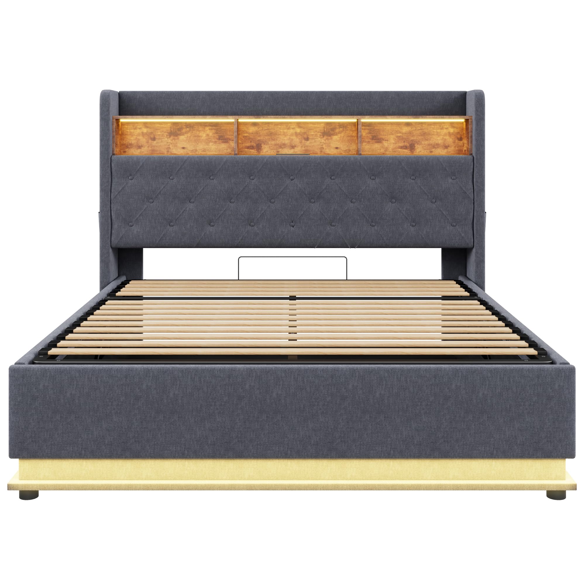 Kebnor - Letto imbottito con LED, letto imbottito con spazio di archiviazione e presa USB e spazio di archiviazione idraulico, tessuto di lino amichevole per la pelle (grigio, 180 x 200 cm)
