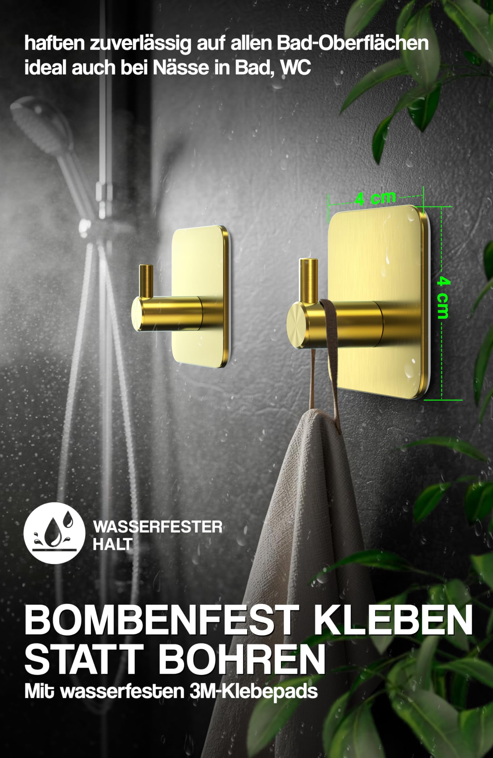 Set Van 6 Haken 10kg Set Van 6 Zwarte Handdoekhaken Zelfklevend - Roestvrij Staal, Geen Boren, Draagkracht 10 Kg Waterdichte Kleefhaak