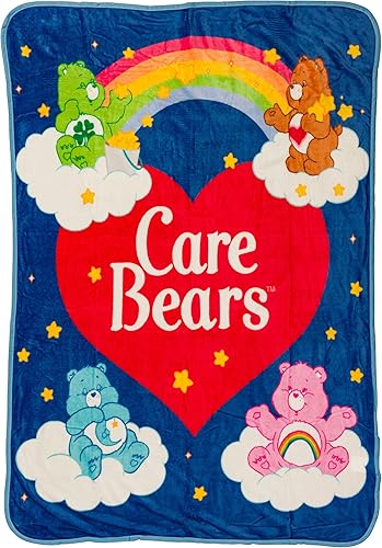 Silver Buffalo Care Bears - Manta de forro polar con logotipo de corazón de arcoíris con oso animador, hora de dormir y osos tiernos de 45 x 60