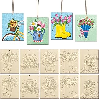 COCHIE 10 Pieces Large Spring Unfinished Wood Crafts to Paint for Adults, Bulk Predrilled Wooden Ornaments for Painting, Tulips Flowers Paintable Wood Slices Craft Supplies with Ropes