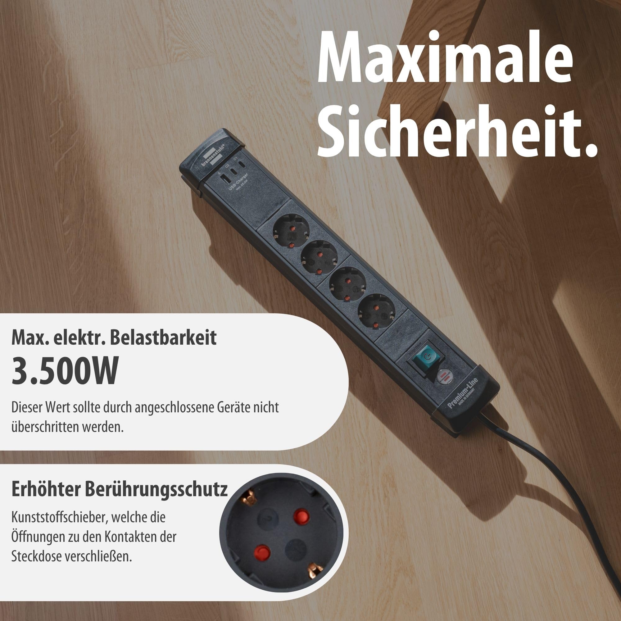 Brennenstuhl Premium-Line Steckdosenleiste 4-Fach mit 2X USB C PD 65W und USB A 18W (Made in Germany, Mehrfachsteckdose mit Schalter und 3m Kabel, Steckerleiste zur Wandmontage) schwarz