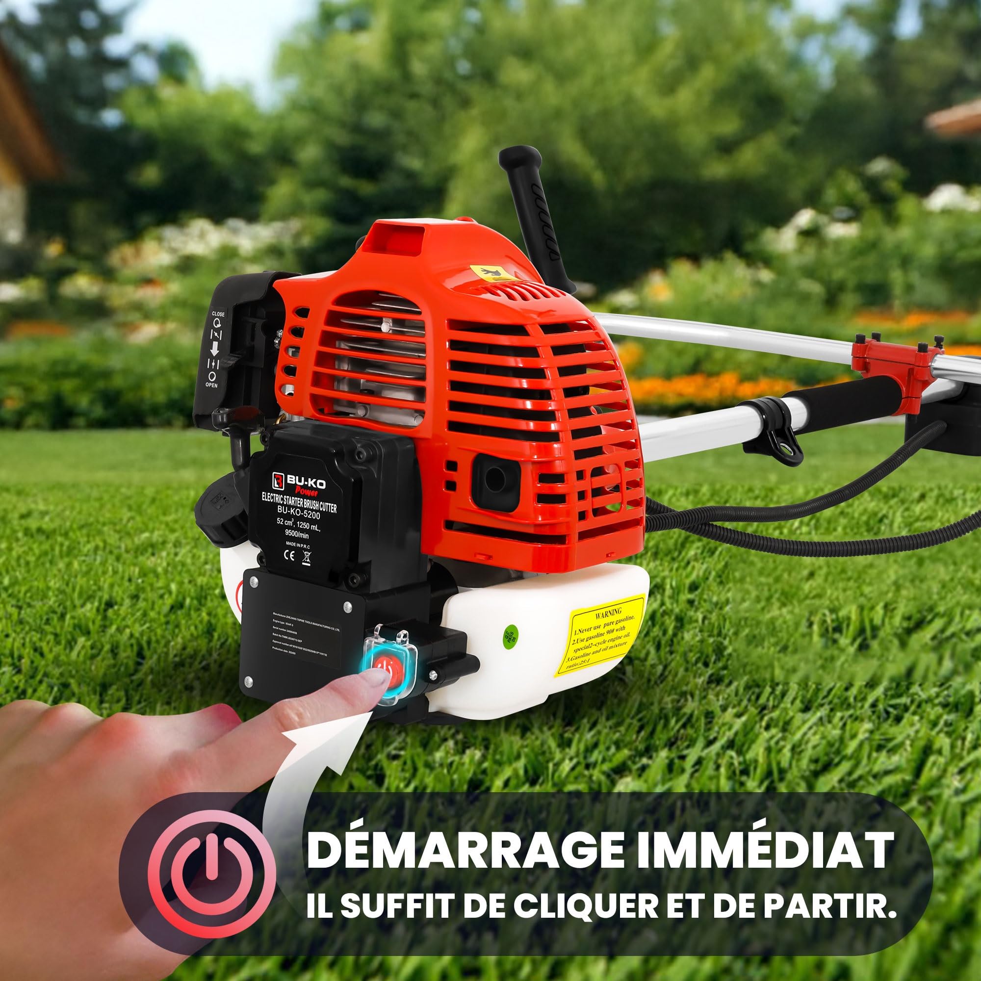 Bu-ko 52 cc d’essence Débroussailleuse de jardin multi-outil – Démarrage électrique par bouton-poussoir et cordon de traction | Coupe-broussailles 3-en-1, taille-haies et fil d’acier pour désherbage |