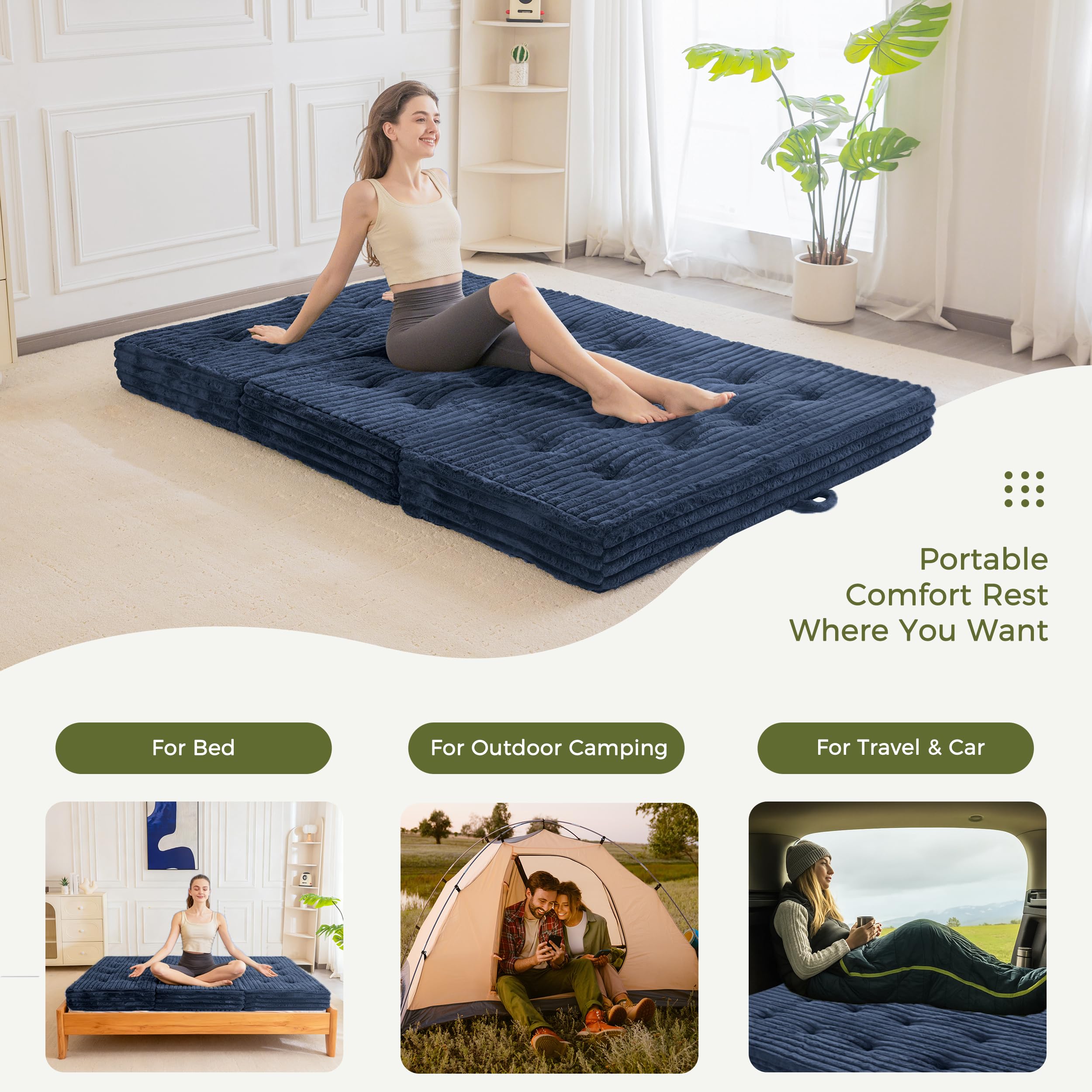 MAXYOYO Matelas składany 190*135*15cm, Matelas składany wypełniony 15 cm z powłoką z wysokiej jakości sztucznego futra, składany futon do salonu/pokoju gościnnego w trzech częściach