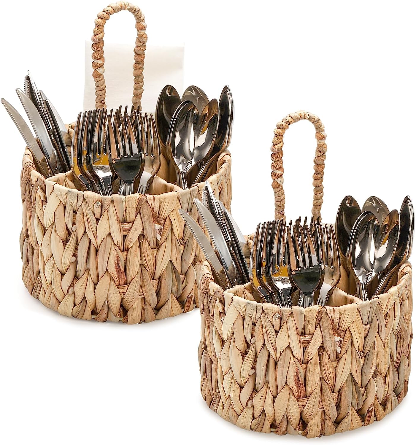 NALACAL Water Hyacinth Woven Utensil Caddy with Handle, Silverware Caddy Flatware Caddy Kitchen Organizer, Hand Woven Wicker Flatware Cutlery Caddy for Kitchen Dining Table Picnic (2 PCS)