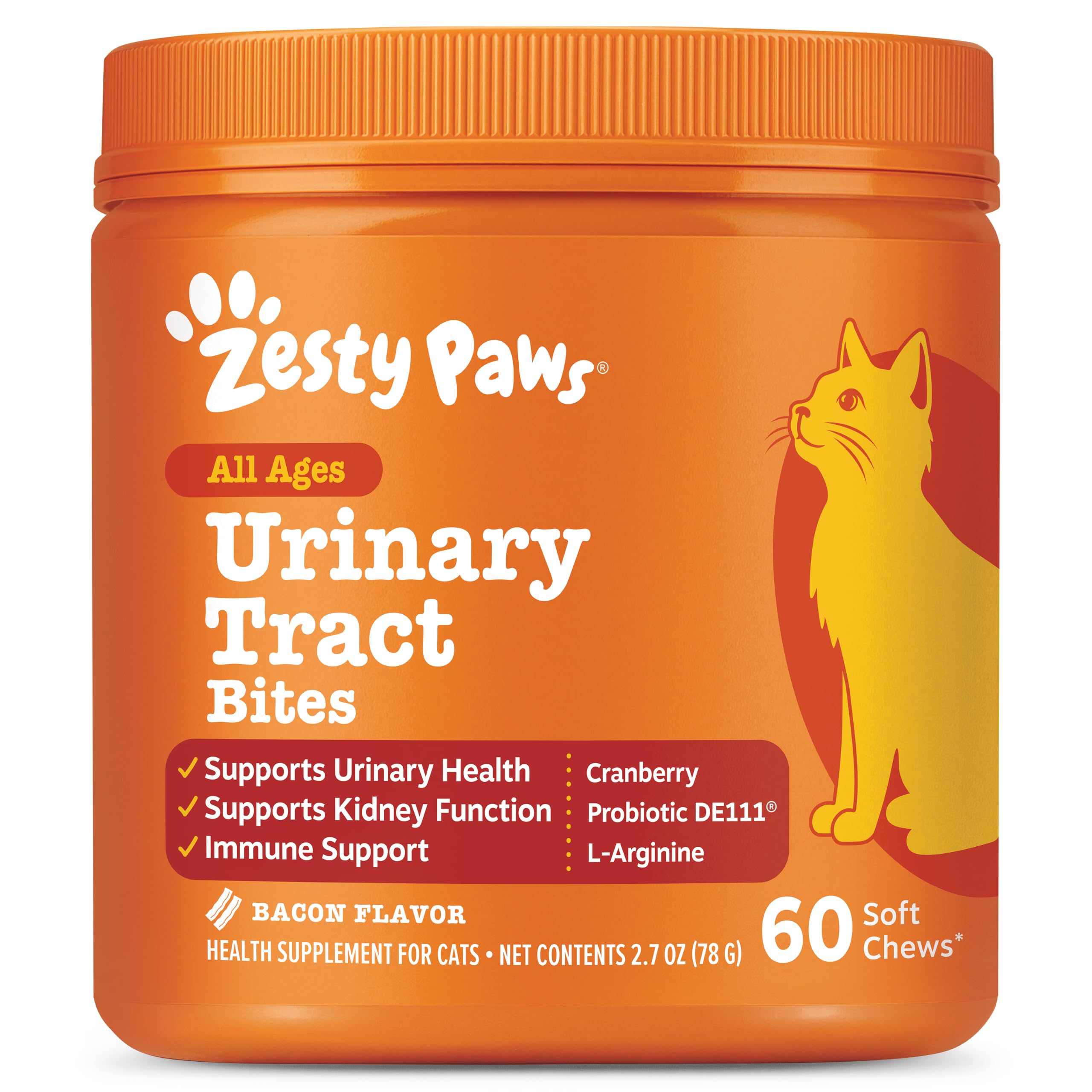 Zesty Paws Cranberry Urinary Tract Bites for Cats - Kidney &amp; Urinary Tract Health - Soft Chews with D-Mannose, Vitamin B6 &amp; L-Arginine - Immune &amp; Gut Support - Bacon - 60 Count