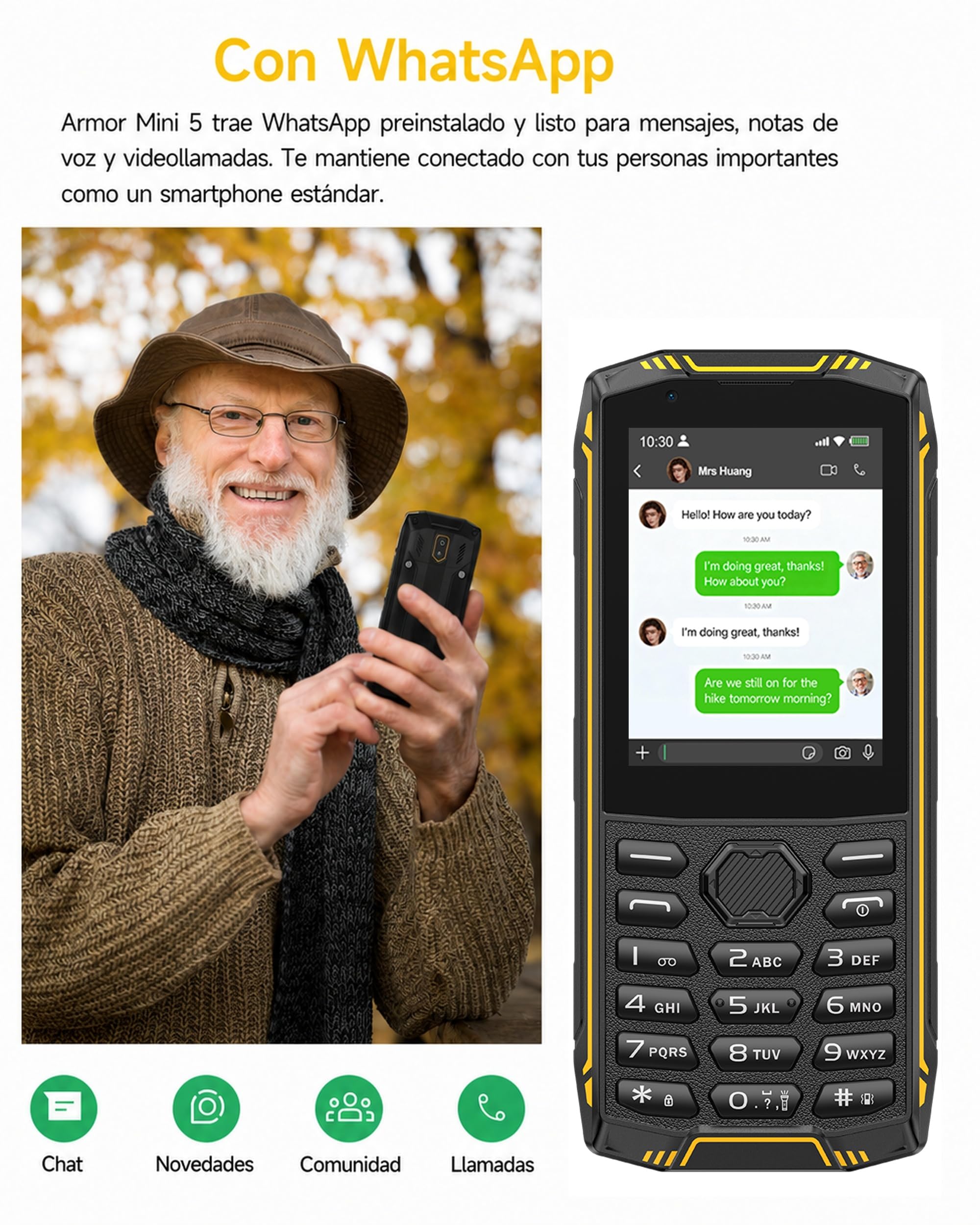 Mini 5 Teléfono Resistente IP68/IP69K, Outdoor con Pantalla Táctil y Teclado, Android 11 con Whatsapp, Batería 2500mAh, 4G Dual SIM, 1GB+8GB, Ampliable hasta 64GB, MIL-STD-810H