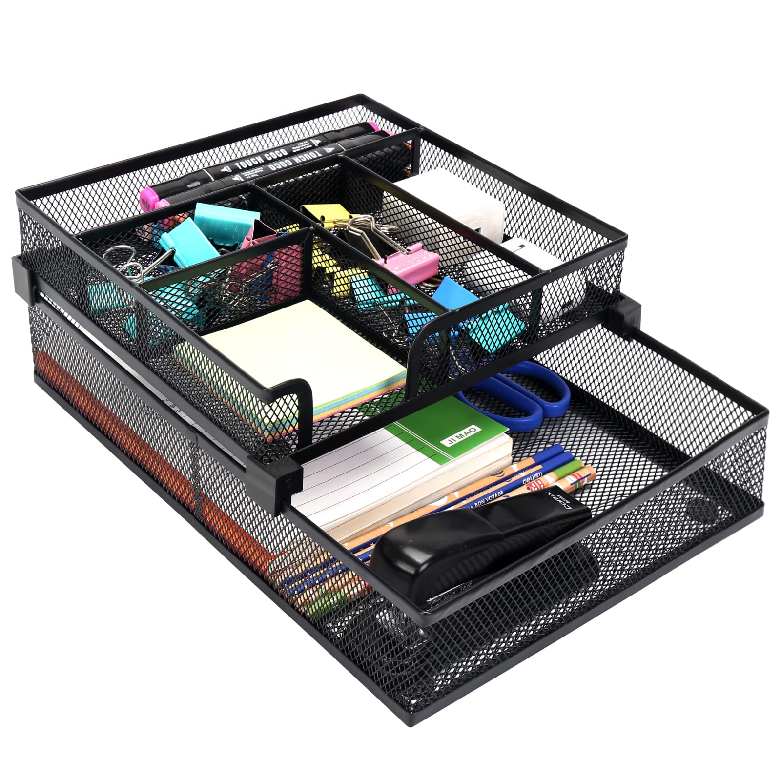 OUTFANDIA Desk Paper Letter Tray Organizer 2 Tier, Desk Organizer w/ Paper Tray and Pen Holder, Sliding & Stackable