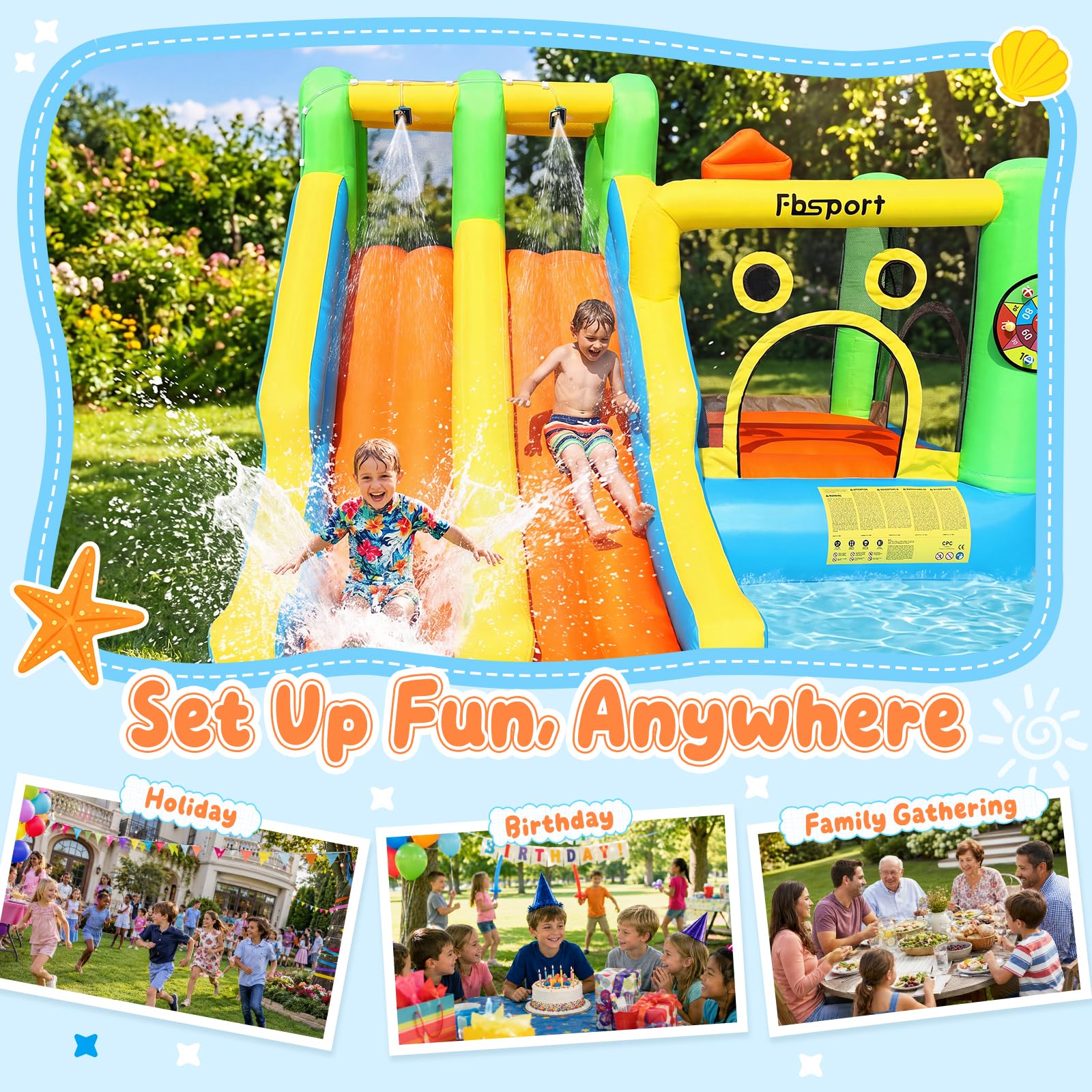Castello Gonfiabile Grande con 2 Scivoli d’Acqua per Bambini, Parco Acquatico con Trampolino, Piscina, Canestro da Basket, Parete da Arrampicata, per Interno ed Esterno 445x403x200 cm