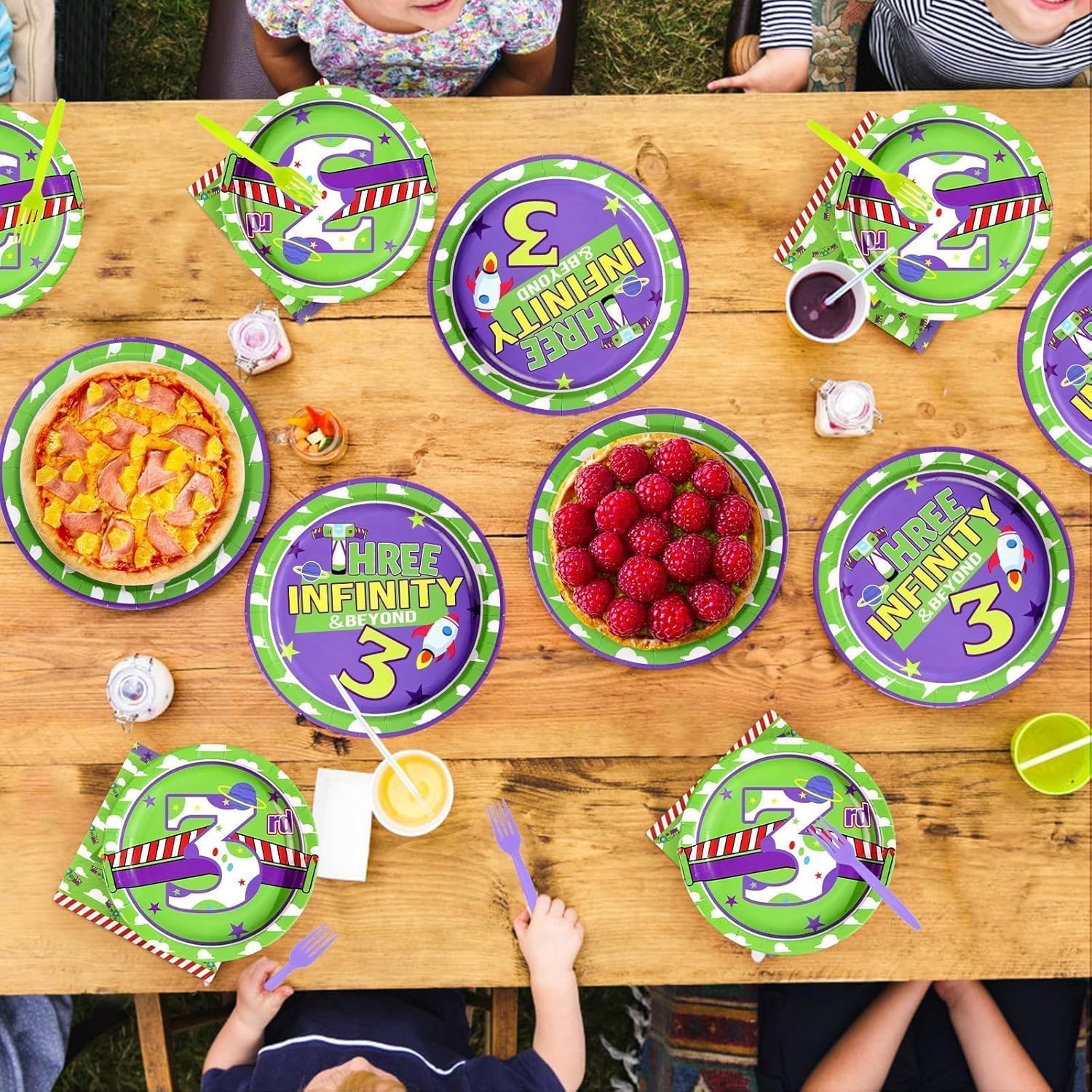 96Pcs Cartoon Story Party Supplies 3rd Birthday Plates and Napkins Disposable Space Adventure Tableware Set for Astronaut Robot Theme 3 Years Old Party Decorations Serves 24 - Image 7
