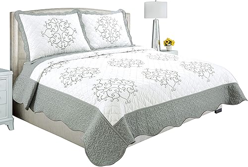 Colcha bordada ultrasuave de verano, juego de 3 piezas con 2 fundas de almohada acolchadas