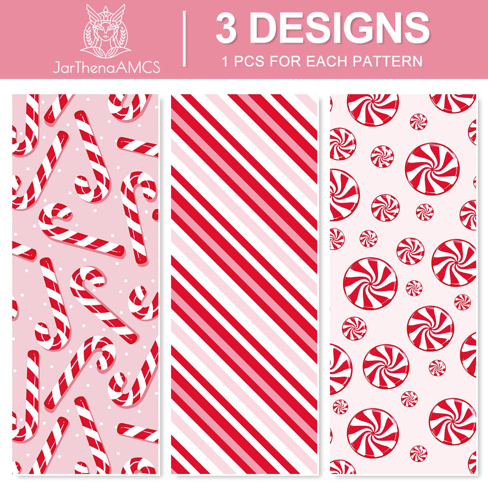 JarThenaAMCS Weihnachts-Geschenkpapier – Mini-Rolle – 43,2 cm x 5,2 m Zuckerstangen-Geschenkpapier, rot, rosa, dekoratives Kunstpapier für Weihnachten, Basteln, 3 Rollen
