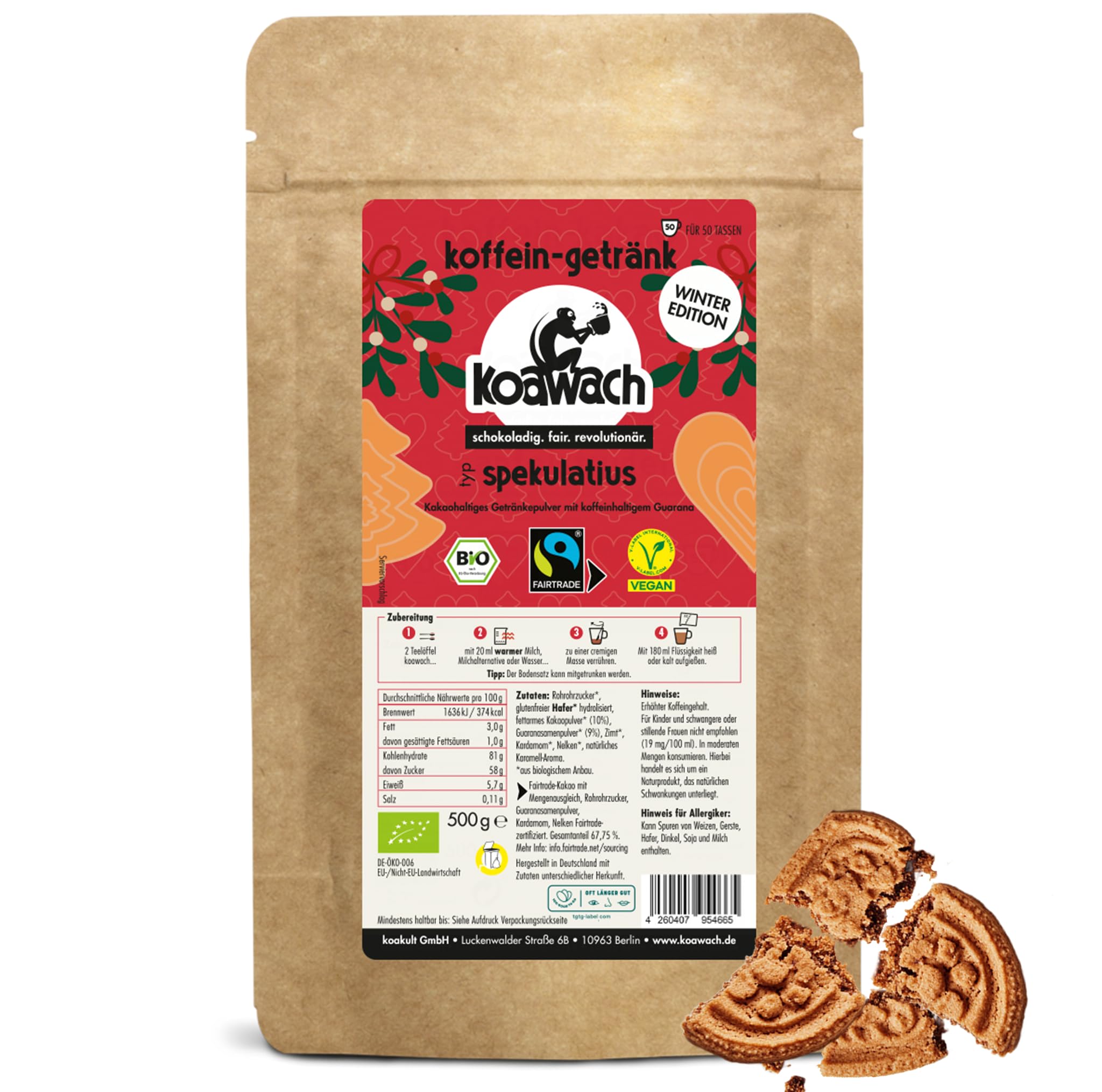 koawach – Kakaopulver Spekulatius Schoko Getränkepulver 500 g – würzig-süße Bio-Trinkschokolade mit Koffein aus Guarana mit Zimt & Gewürzen – vegan & Fairtrade – Energie-Kakao für heiße & kalte Drinks