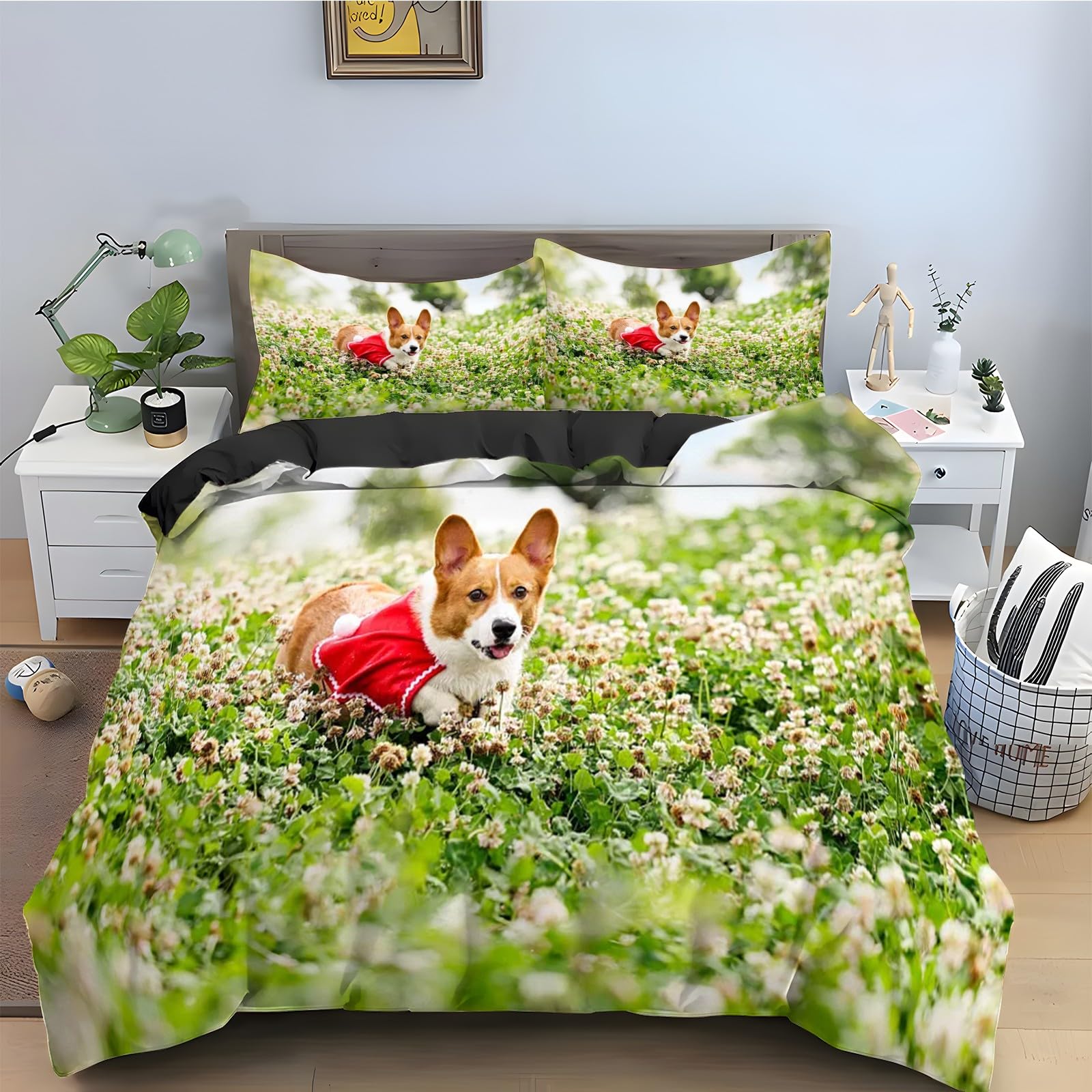 Parure de lit 90x190 corgi anti-plis avec housse de couette zippée et taies d'oreiller sans repassage