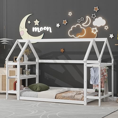 Miniatura 56 de KLMM Cama de madera de tamaño matrimonial con valla y puerta, marco de cama de madera para niños o niñas, se puede decorar (valla blanca + puerta)